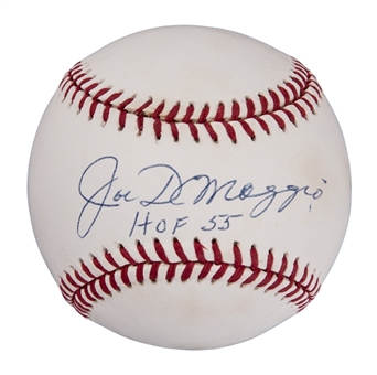 Joe DiMaggio Signed and "HOF 55" Inscribed OAL Brown Baseball (JSA)